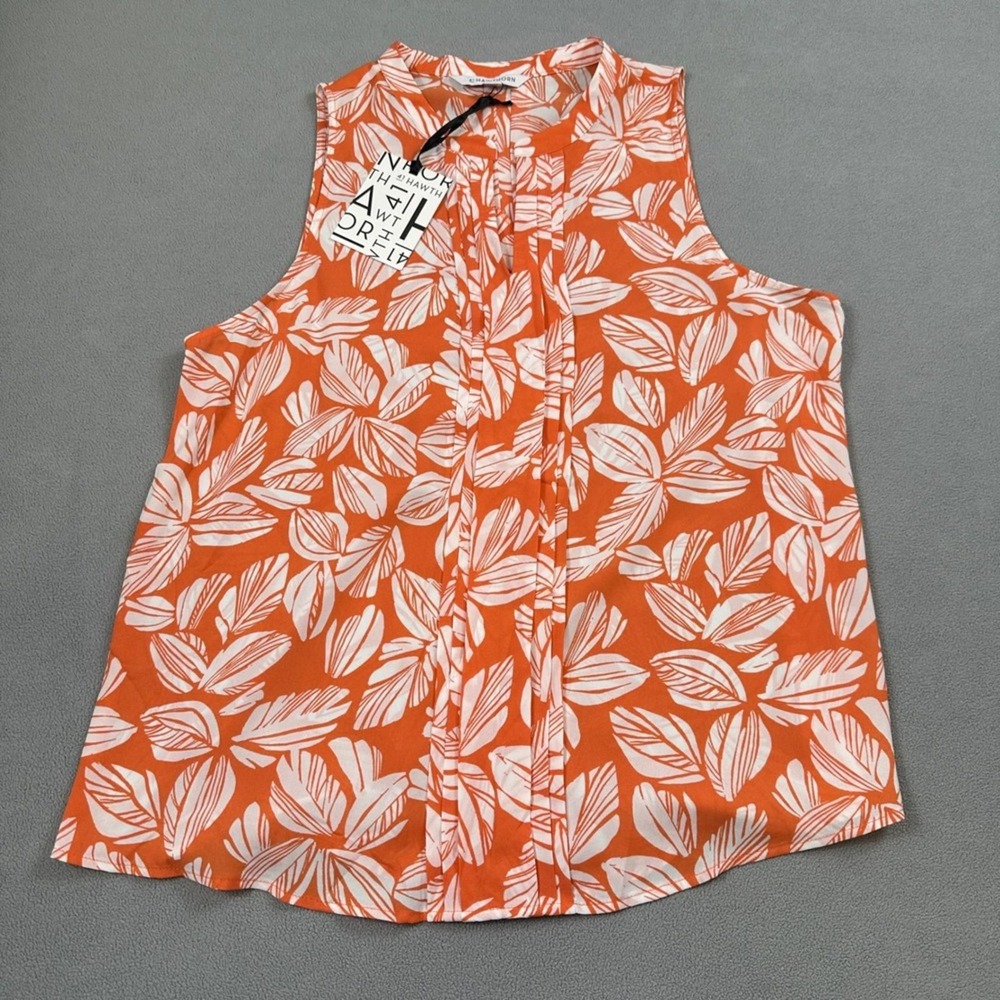 41 Hawthorn Womens L Orange White Leaf Print Pleated Sleeveless Blouse Top NWT